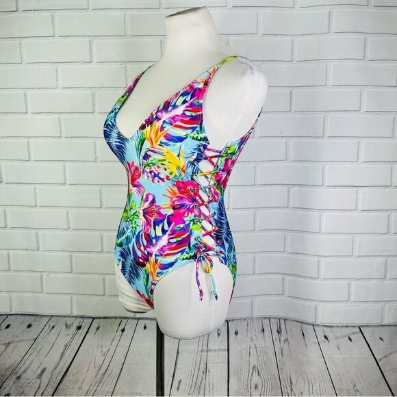 NWT Stylish Swimwear Blue & Pink Tropical Floral One Piece Swimsuit - Size Small - Picture 1 of 14